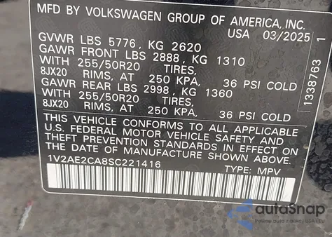 2025 Volkswagen Atlas Cross Sport 2.0T Sel R-Line Black from USA, damaged, VIN 1V2AE2CA8SC221416